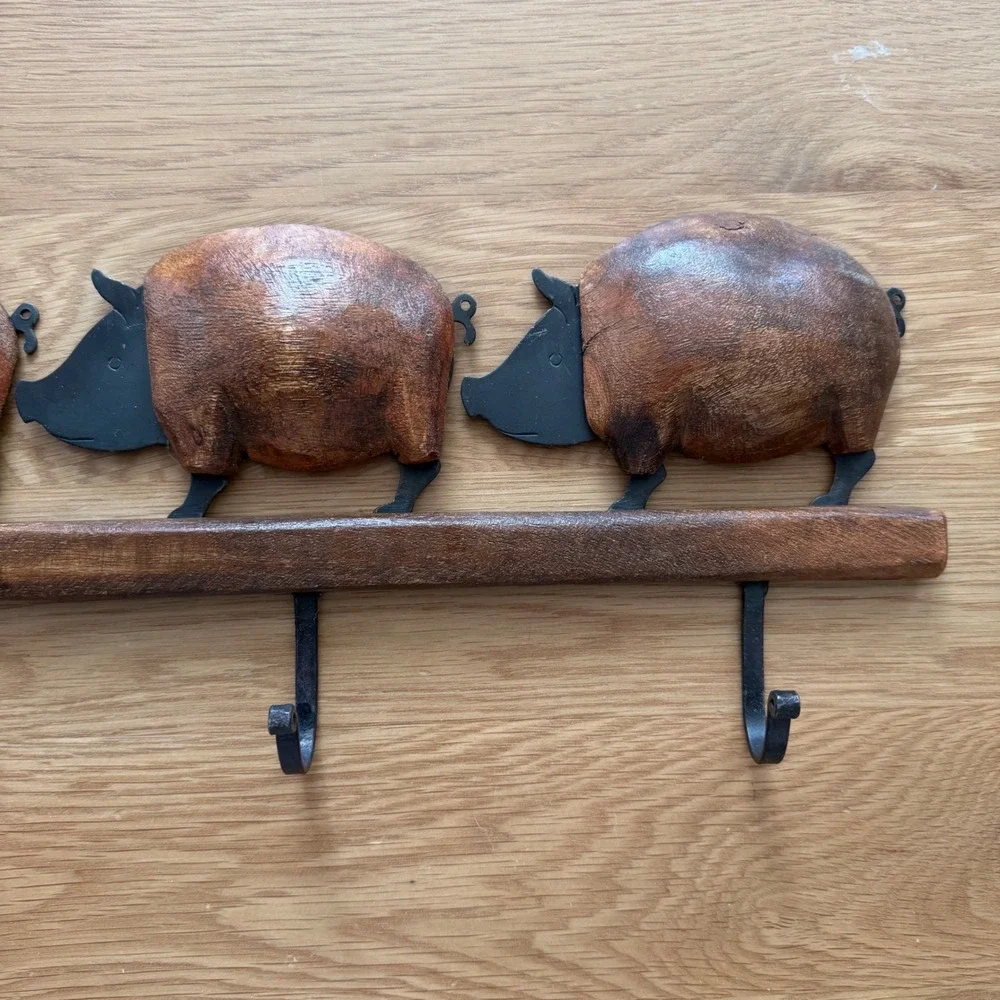 Vintage‎ Wooden Pig Wall Hook Rack Carved Wood Rustic Farmhouse Decor 4 Hooks